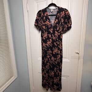A New Day Black Orange Floral Puff Sleeve Midi Dress Womens Medium Feminine